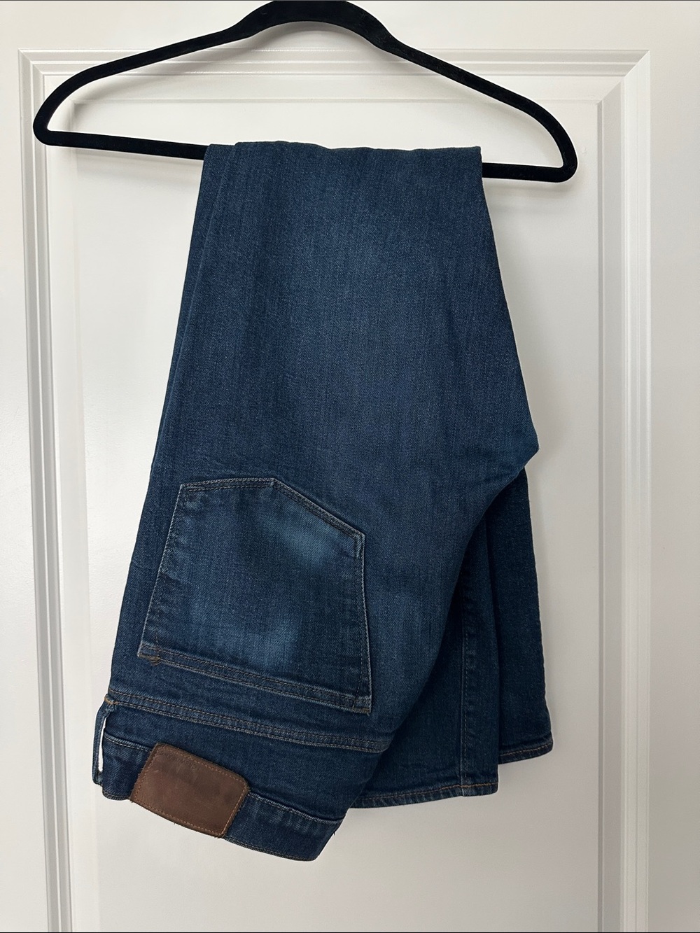 J. Crew Dark Blue Straight-Leg Jeans with Brown Patch